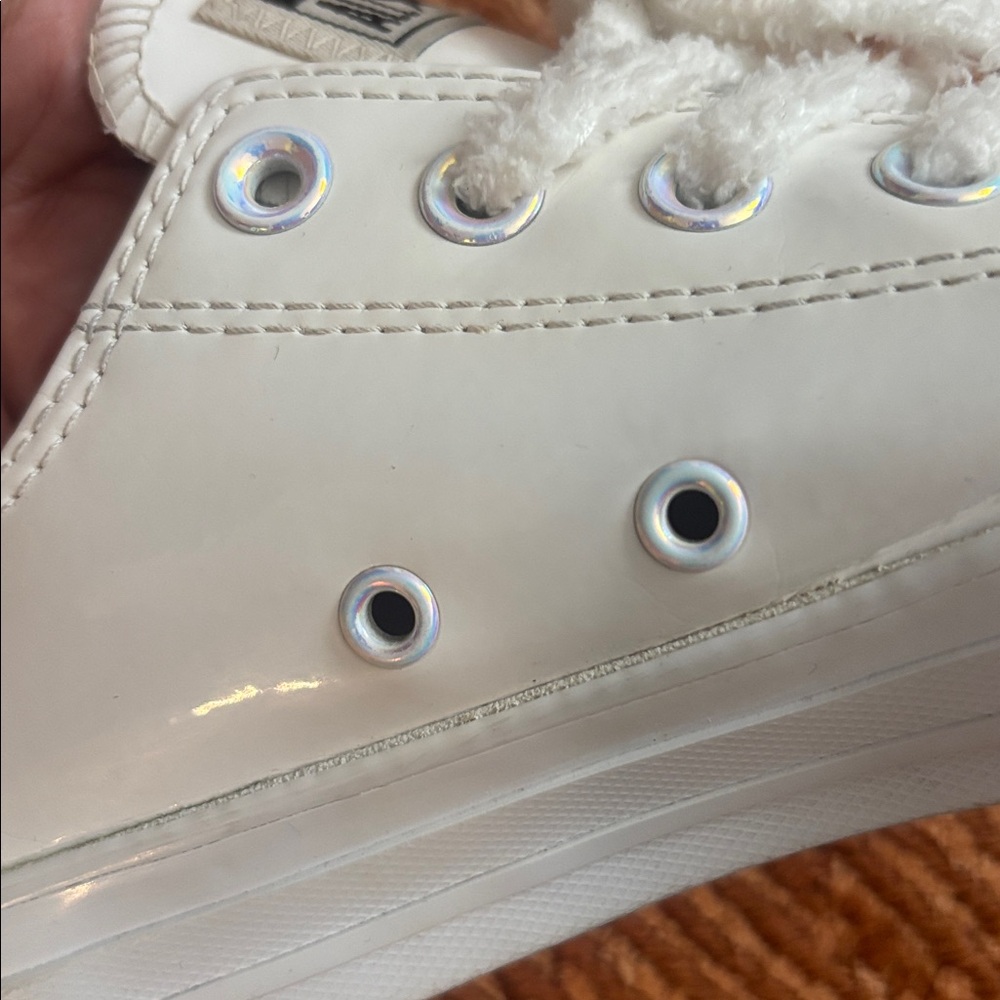 Converse White patent leather Sneaks size 8 iridescent hardware new fluffy laces - Picture 11 of 14